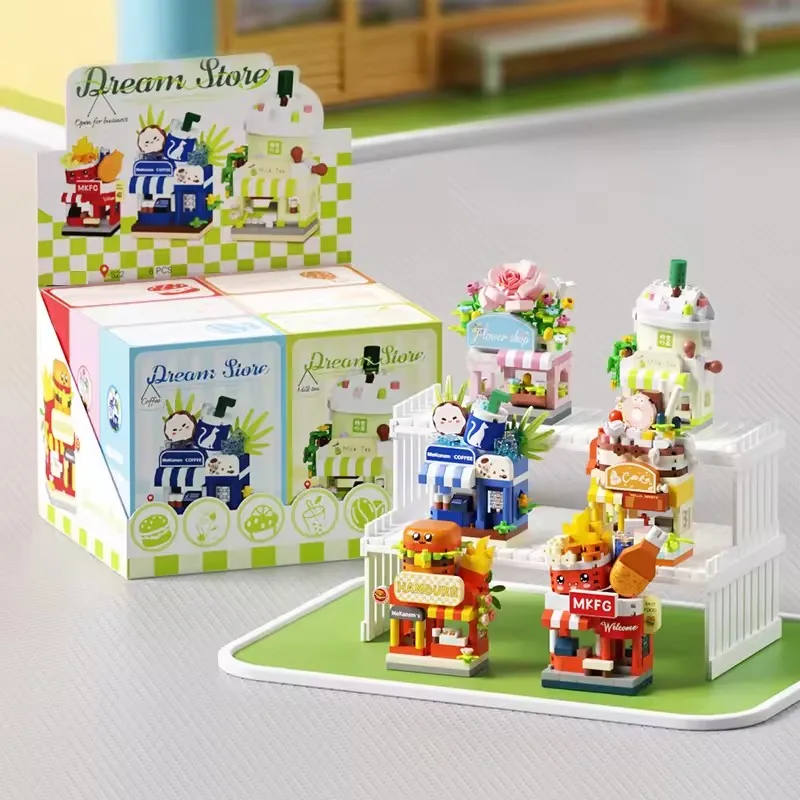 Restaurant Dessert Koffie Fruit Bloemenwinkel Snack Street View Cake Voedsel Huis Bouwstenen Kits Meisjes Bakstenen Model Kinderen Speelgoed