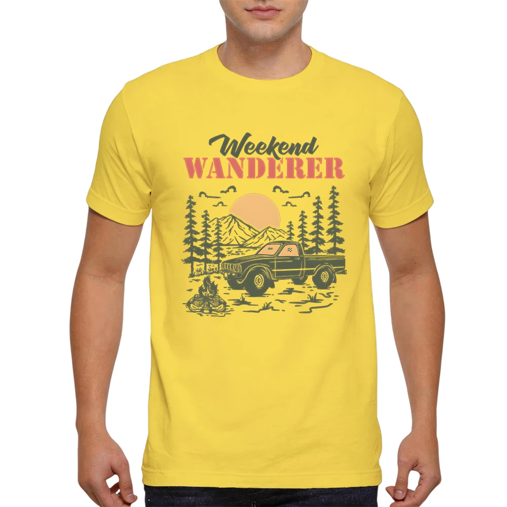 Mens 100% Cotton Short Sleeve T Shirt Wanderer Retro Pickup Truck Campfire Mountain Graphic Print Outdoor Camping Daily Tees