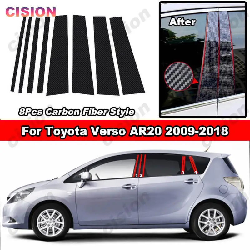 8x Glossy Black Car Door Center BC Pillar Post Cover Mirror Effect Trim For Toyota Verso AR20 2009-2018 Window Column PC Sticker