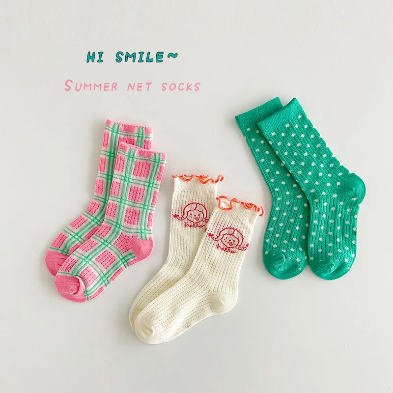 

Spring Summer Socks Baby Girls Thin Socks 3 Pairs Fancy Lace Polka Dots Lace Socks Mid Calf Cotton Socks Kids Socks