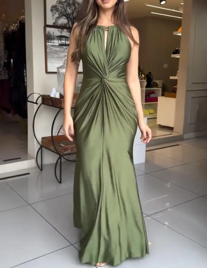 Womens Dresses 2025 New Satin Sleeveless Hollow-Out Twist Front Evening Dress Tied Detail Backless Zipper Back Mermaid Hem Dress