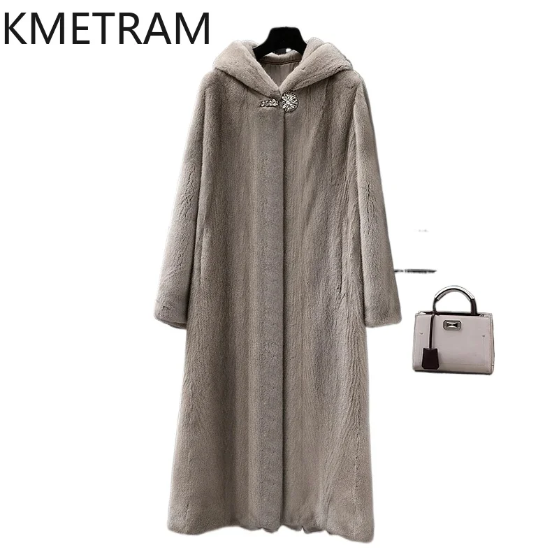 Real Mink Fur Coat Women High Quality Long Grey Fur Jacket with Hood New Arrivals Outerwears Winter Luxury Clothes шуба 2024