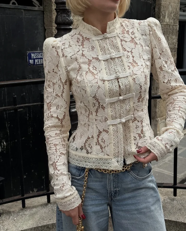 Elegant Beige Casual Hollow Out Shirts Women's Vintage Hook Floral