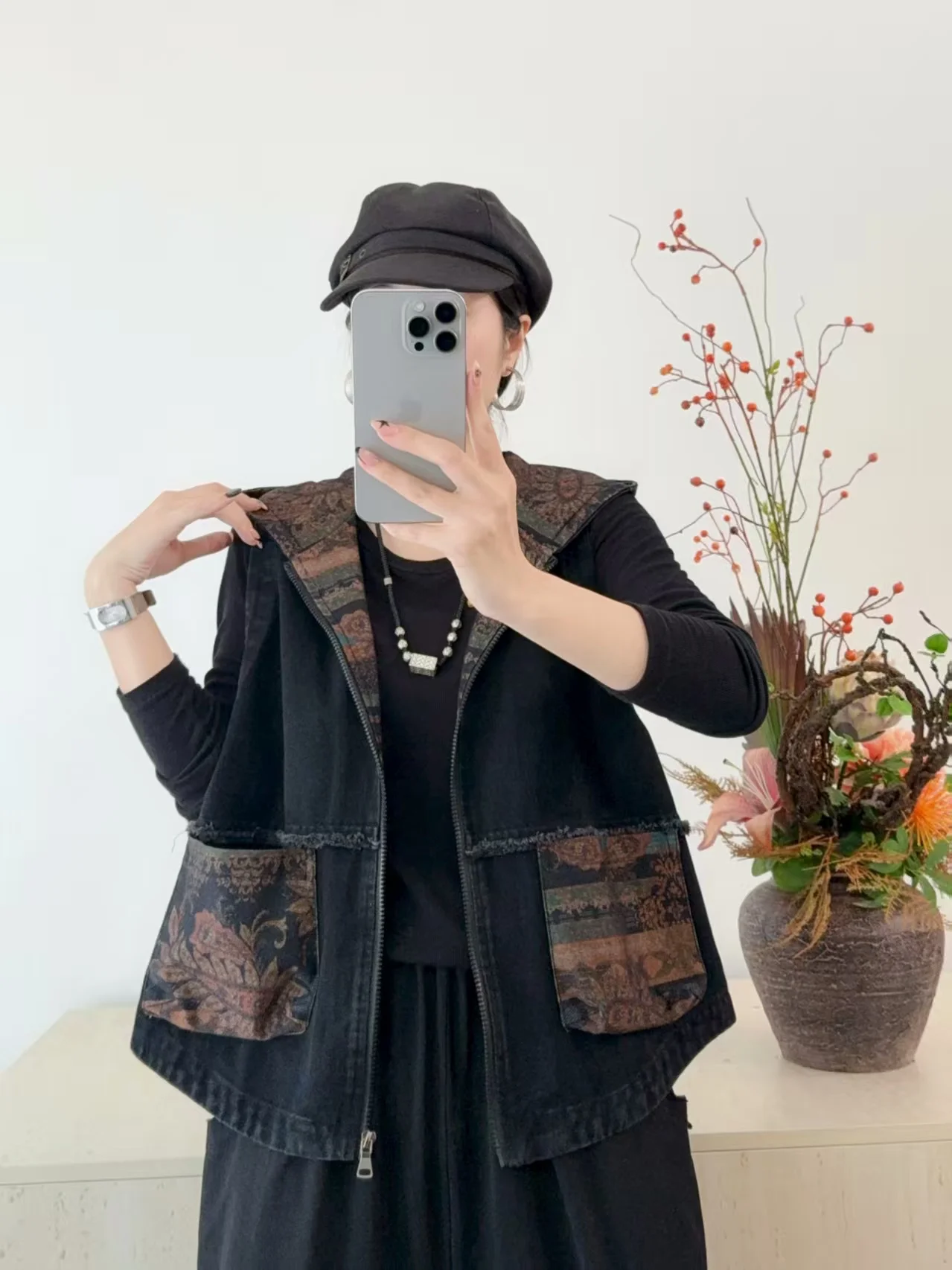 

Women's Loose Slimming Denim Vest Spring Autumn Vintage Ethnic Print Casual Open Cardigan Top Outerwear Hooded Zipper