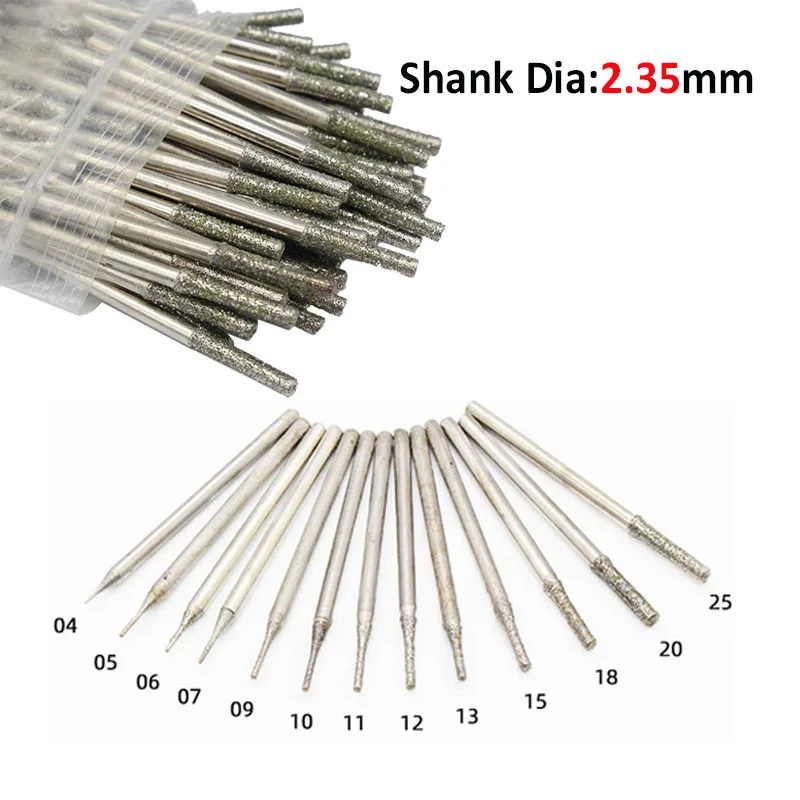 2.35mm Shank 0.3-2.5mm Diamond Coated Tipped Drill Bit Grinding Head Burr Needle Engraving Glass Jade Stone Rotary Drill Bits