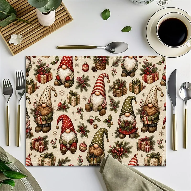 VIKAMA Christmas Linen Placemat, Watercolor Santa Chimney Candy Cane, Machine Washable Absorbent Durable, Holiday Dinner