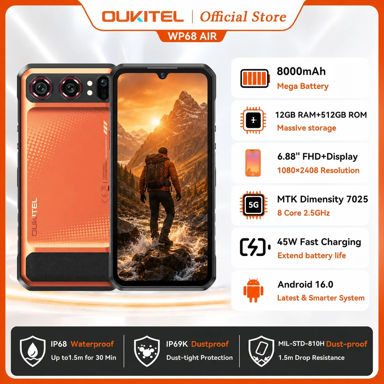 OUKITEL WP68 Air 5G Rugged Smartphone, 8000mAh Battery, 512GB ROM