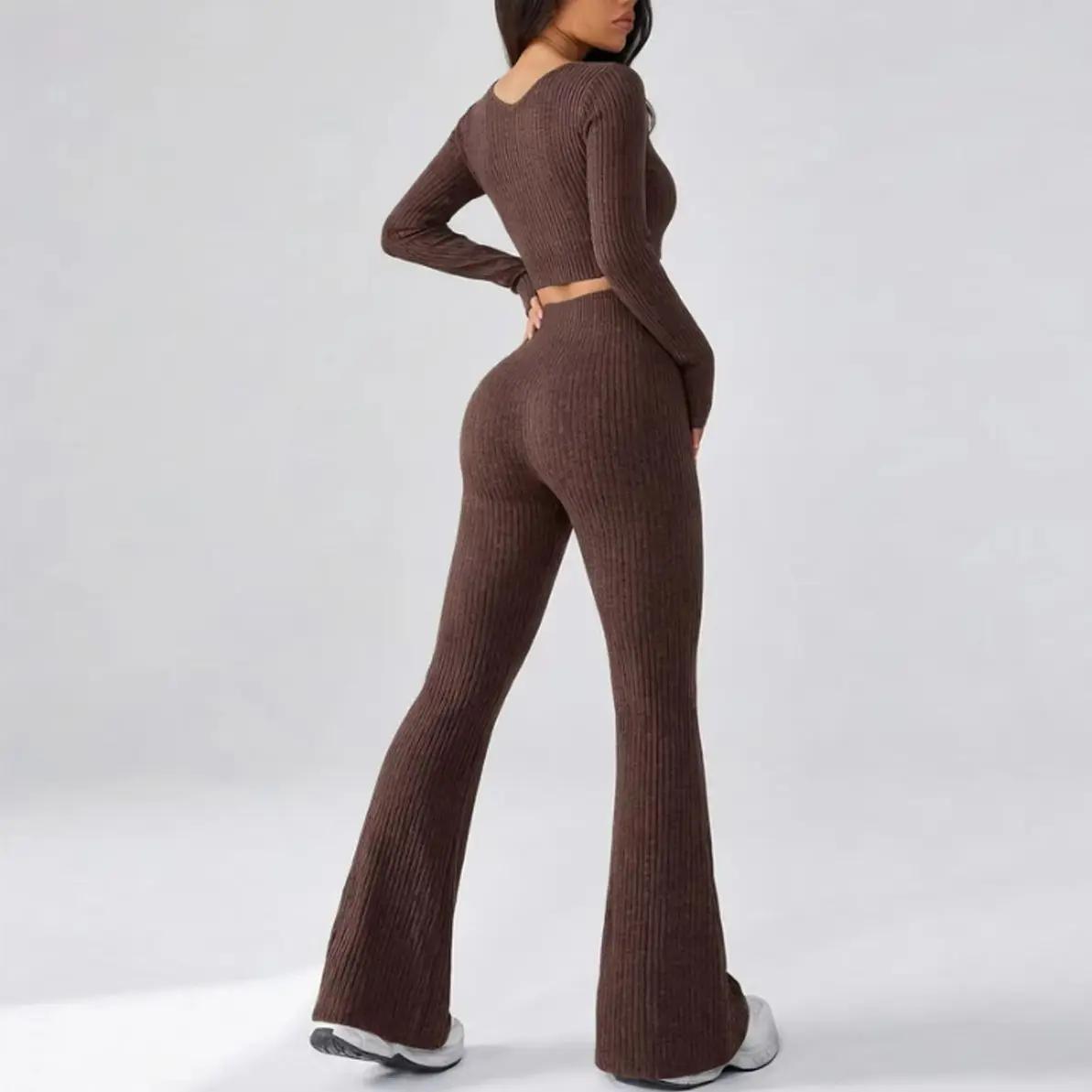 Women 2 PCS Knit Outfit V Neck Long Sleeve Crop Top High Waist Flared Pants Set Ribbed Bodycon Suit Casual Workout Tracksuit