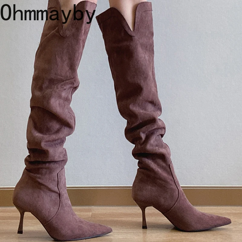 Street Style Pointed Toe Women Modern Boots Fashion Slip On High Heel Shoes Sexy Long Botas De Mujer