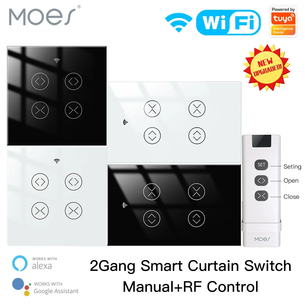 MOES Tuya Smart Life WiFi RF 2 Gang Double Curtain Blind Switch for Roller Shutter Electric Motor With Google Home Alexa