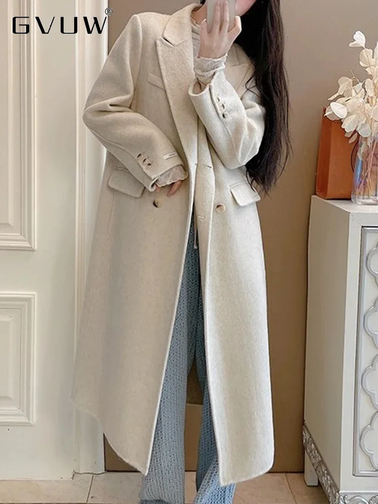 

GVUW Long Woolen Coats Women Lapel Double Breastd Full Sleeve Belt Solid Color Pockets New 2024 Outwear Female Clothing 17G8676