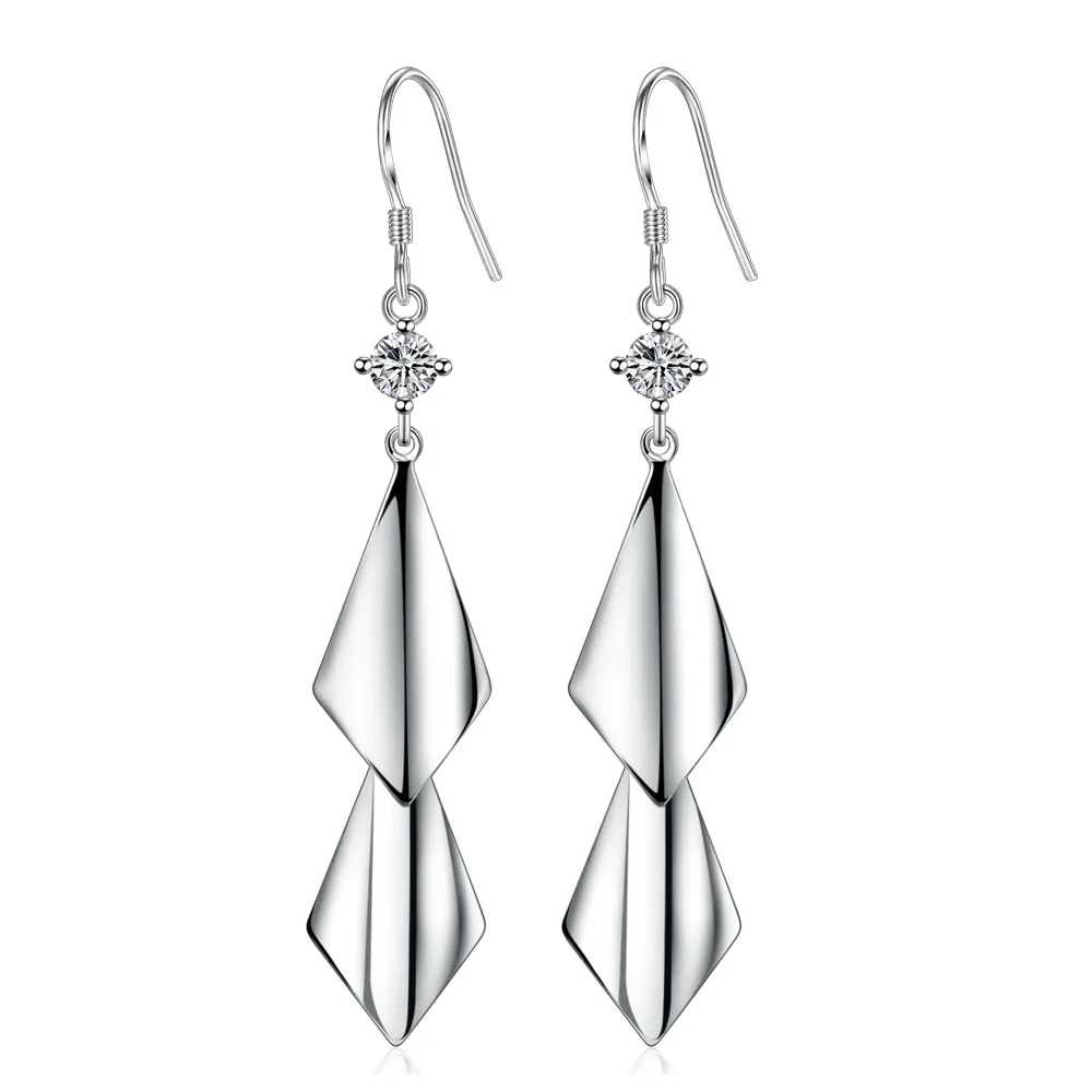 New Bohemian Ethnic Style Double Leaf Blade Geometric Tassels Zircon Long Drop Earrings 925 Sterling Silver Women Jewelry Gift