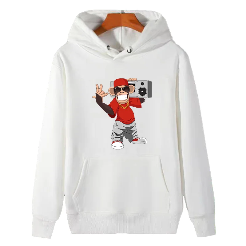 Throwback 80s Hip Hop Boombox Chimp Cartoon Classic Graphic Hooded Sweatshirts Winter Thick Sweater Hoodie Men's Sportswear