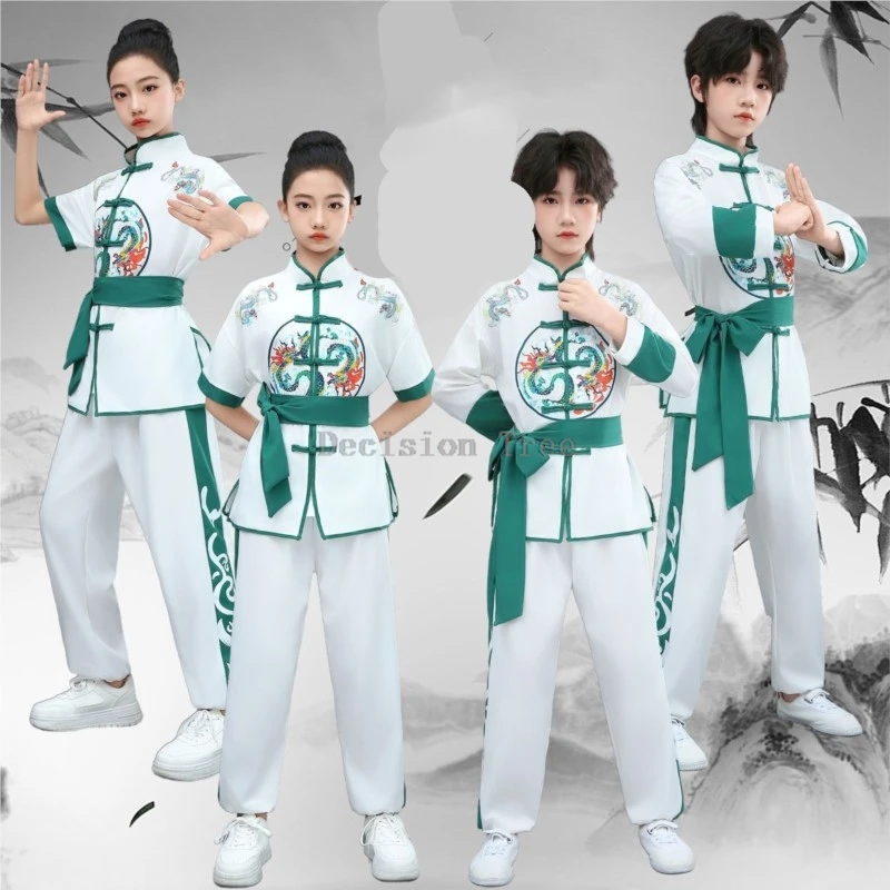 2026 new children's chinese short sleeved buckle wushu set kids' breathable kungfu performance kids' printed wushu uniform set
