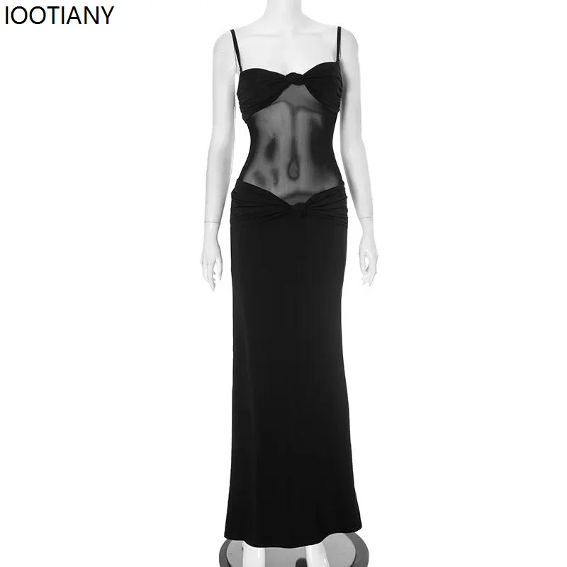 Sexy Mesh Suspender Tube Top Dress Sexy See-through Lace-up Stitching Low Neck Backless Slim Fit Dress Women Fashion Party Dress
