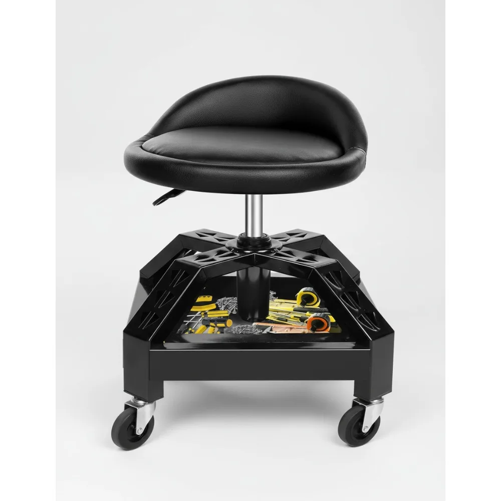 

Heavy Duty Rolling Mechanic Stool with Lockable Wheels, Adjustable Height & Tool Tray for Garage Workshop