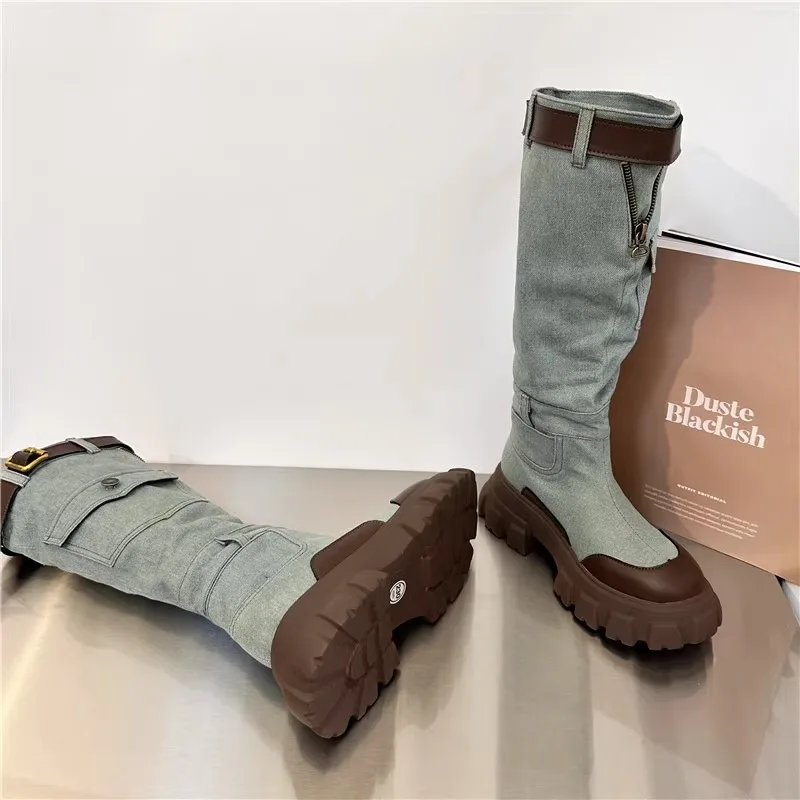 Women Knee High Boots PU Leather Denim Platform Shoes Increase Zip Winter Snow Female Black White Sneakers Chimney Boots