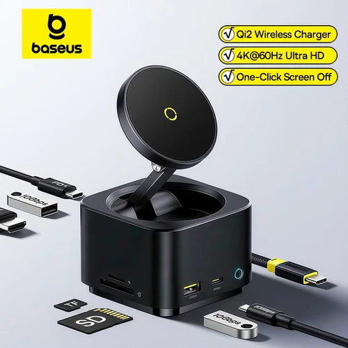 Baseus 7 en 1 USB C HUB HDMI 4K @ 60Hz con cargador inalámbrico Qi2 para iPhone USB 3,2 PD 100W Estación de acoplamiento tipo C de carga rápida