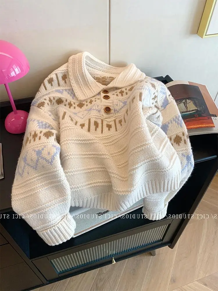 Women's Casual Loose Knitted Pullover Sweater with Turn down Collar Long Sleeve Fashion Print Winter Top
