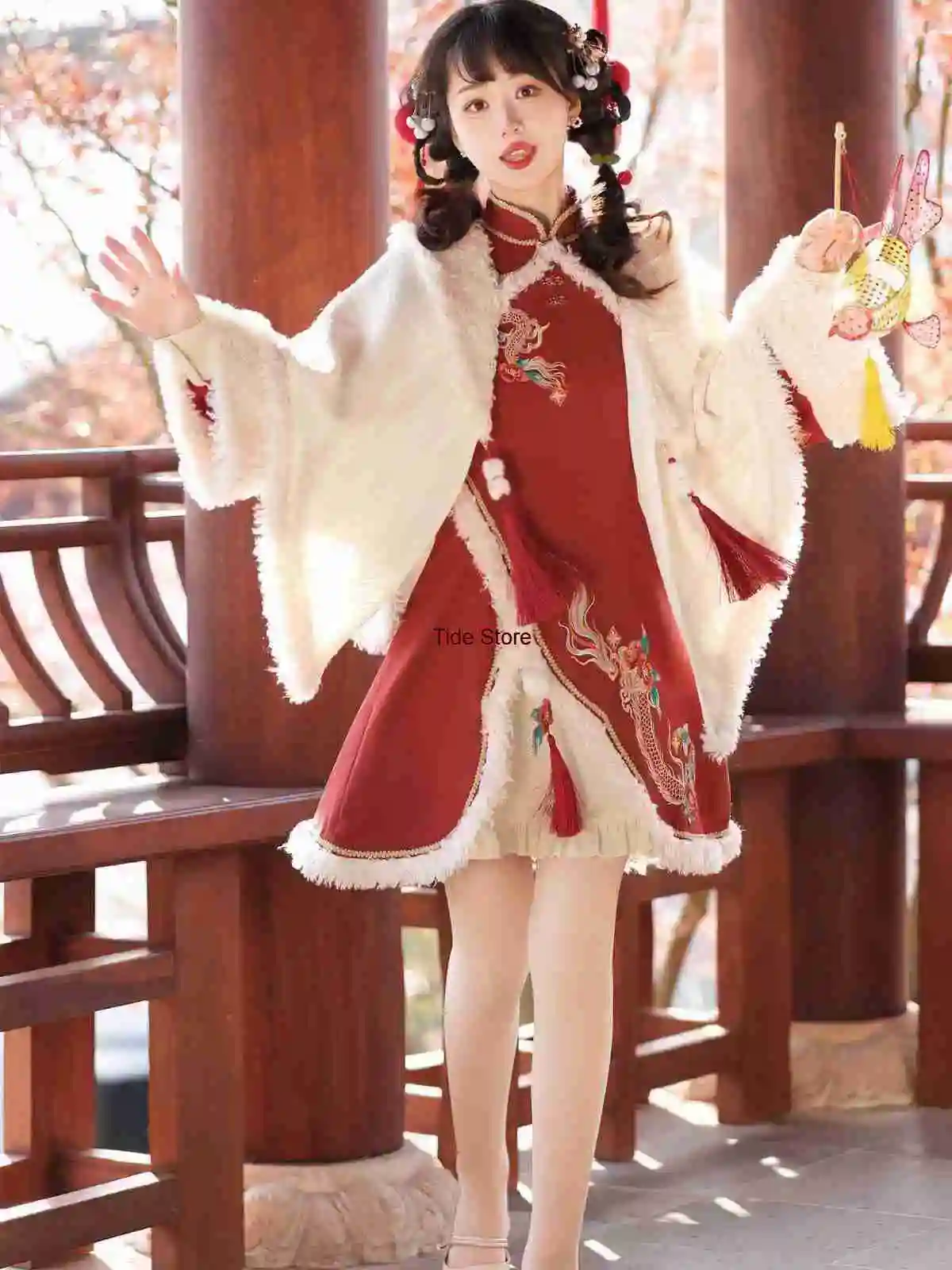 

Spring Improved Hanfu Women's New Year Christmas Style National Style Hanfu Dress with Cape Set New Chinese Style Winter