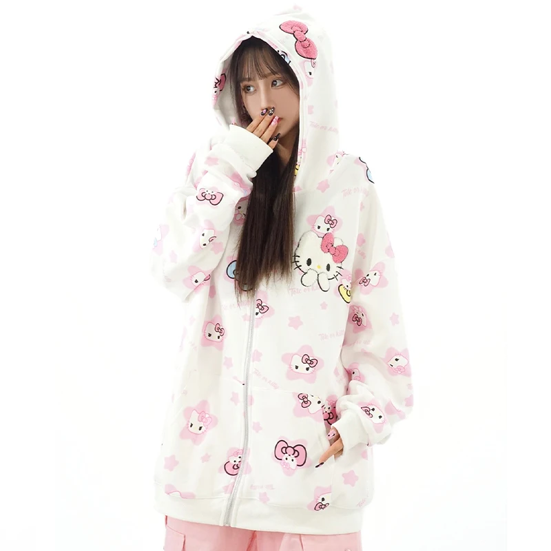 

Y2K Hello Kitty Hoodie Sweatshirt Zipper Cardigan Sanrioed Anime Kawaii Spring Winter Embroidery Coat Girls Student Tops Loose