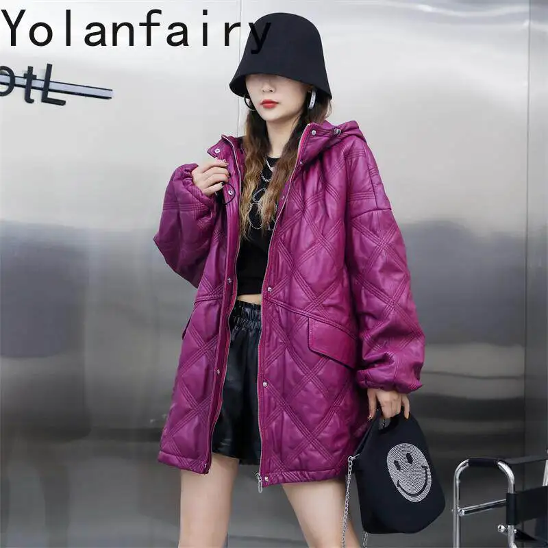 YOLANFAIRY 2026 Autumn Women Mid-length Real Sheepskin Coat Korean Style Hooded Genuine Leather Purple Cotton Padded Jacket
