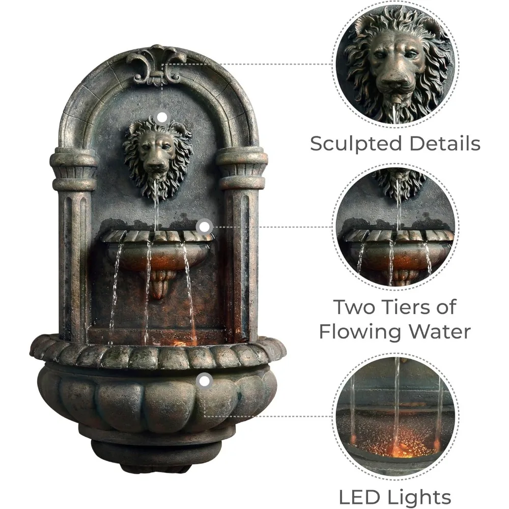 32.1 in. Wall-Mounted Lion Head Stone LED Outdoor Water Fountain for Gardens, Landscaping, Patios, Balconies, Lawns to Create