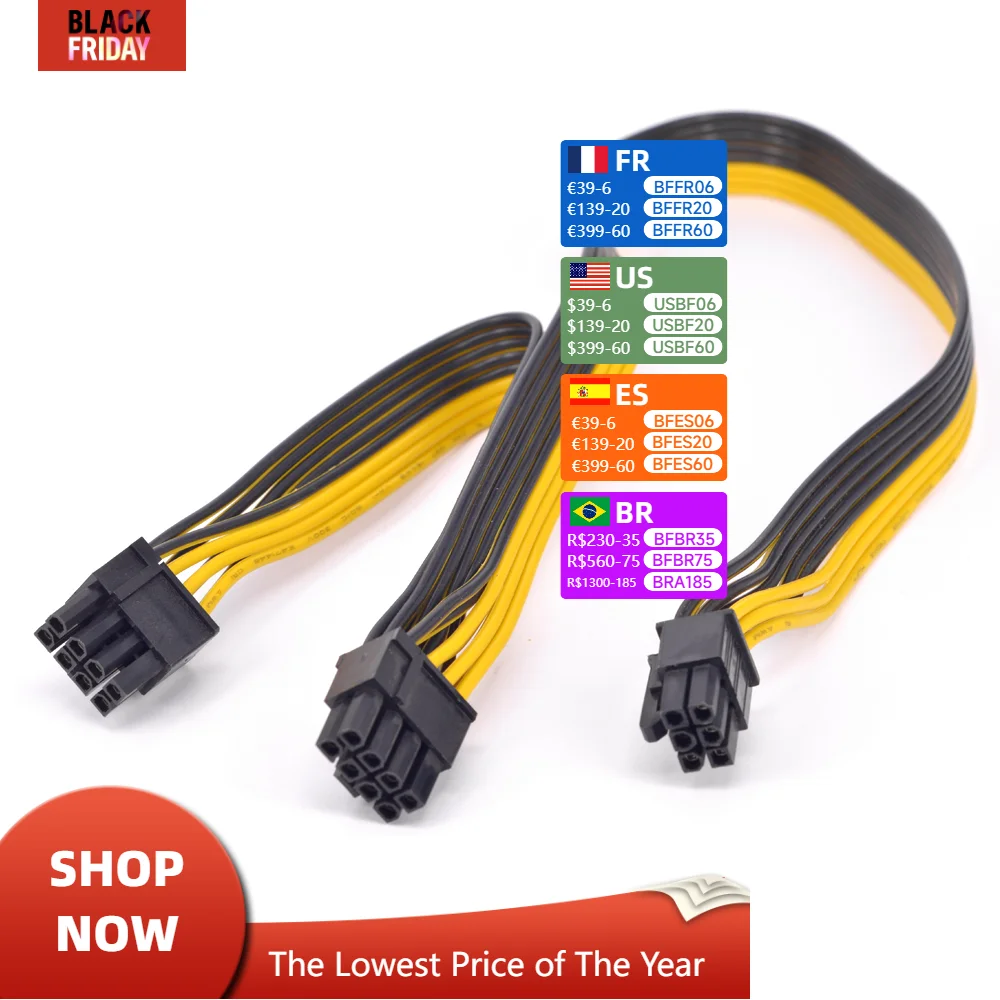 PCIe GPU 6pin Sang Dual 8Pin Cáp Cấp Nguồn PCI Express Card Đồ Họa 2 Cổng 6 + 2pin Để 6Pin dây Nguồn 18AWG