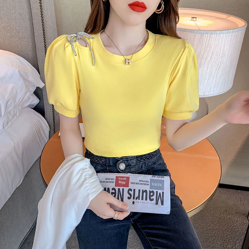 2023 New Summer European Clothes Cotton T-Shirt Women Chic Sexy O-Neck Hollow Out Bowknot Tops Short Sleeve All Match Tees 34295