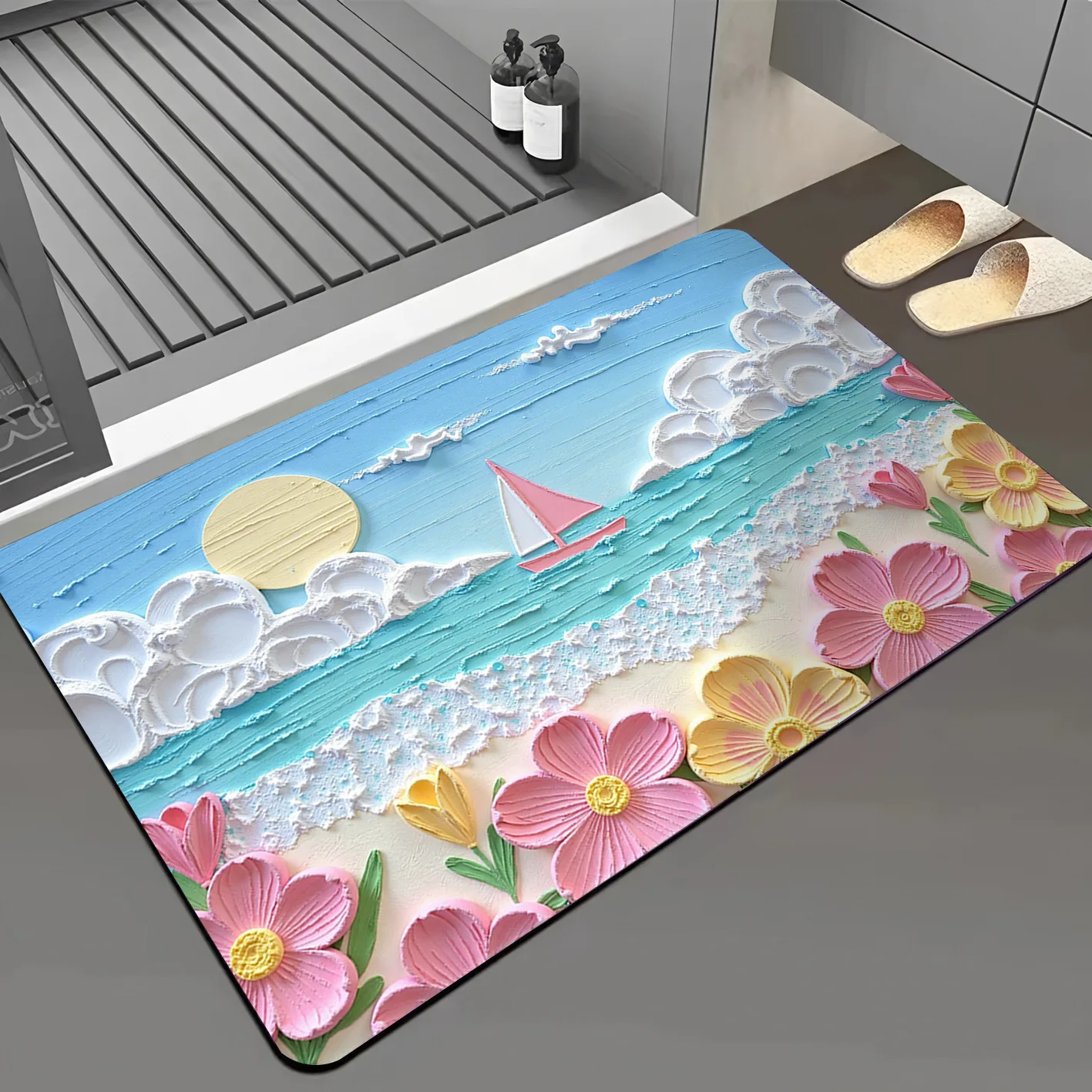 

Flower 3d Diatomite Bathroom Mat Water-Absorbent Non-Slip Floor Mat Entry Door Mat Home Decor Summer