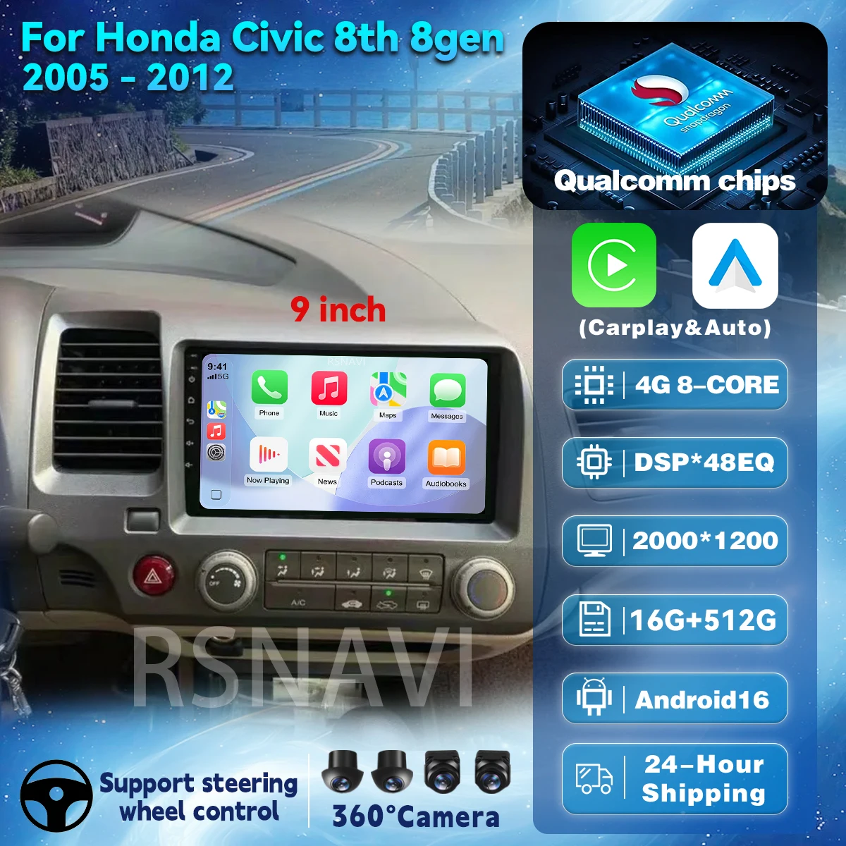 Android 16 Autoradio Multimedia-Radio für Honda Civic 2005 - 2012 CarPlay Auto 2K QLED Wireless Video Player WIFI+4G Stereo