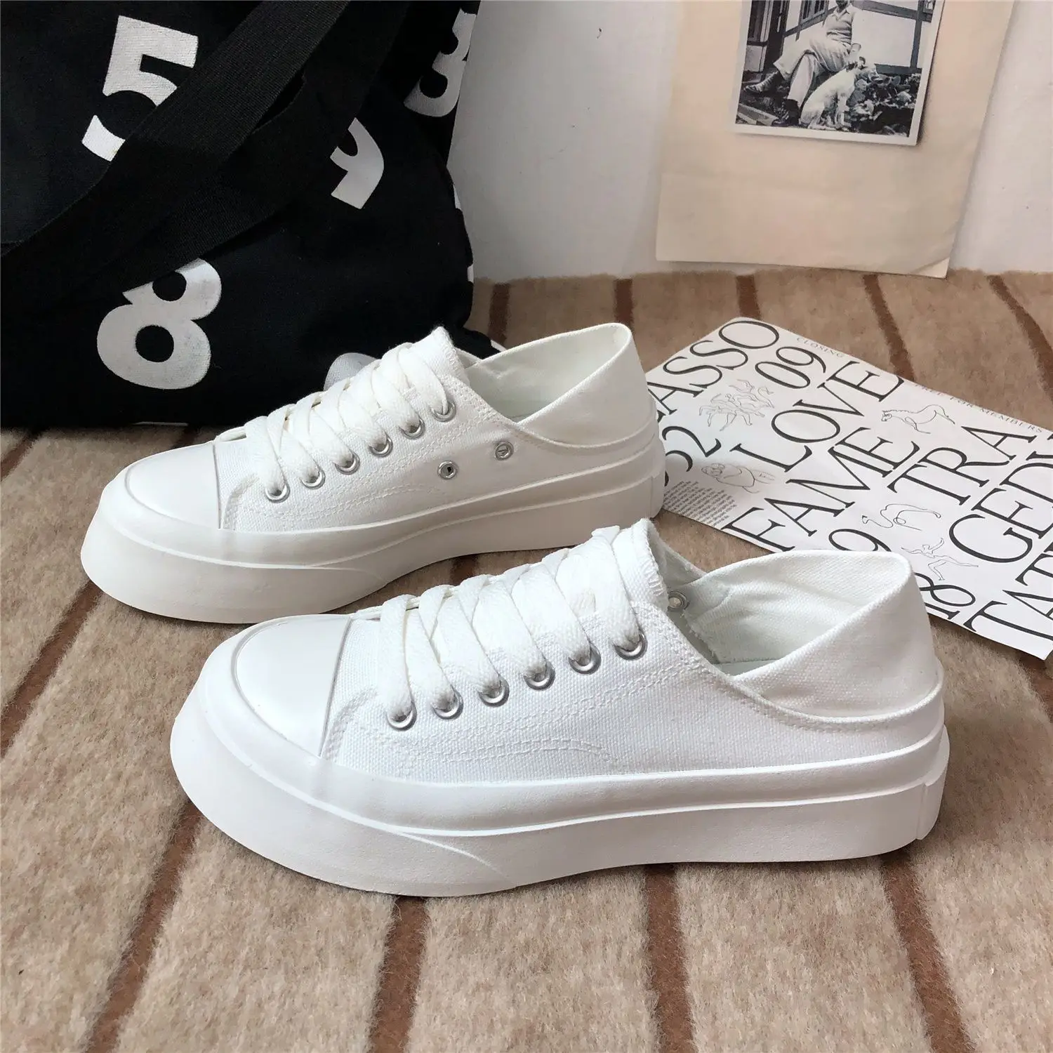 Women's Shoes Round Toe Female Footwear Canvas White High On Platform Stylish Offer New Arrival 2024 Cheap Low Price Urban