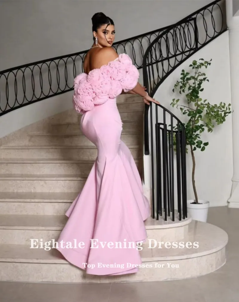 Eightale Pink Evening Dress Stretchy Customized Sweetheart Flowers Short Sleeves Mermaid Prom Gown Party Dress robe de soiree