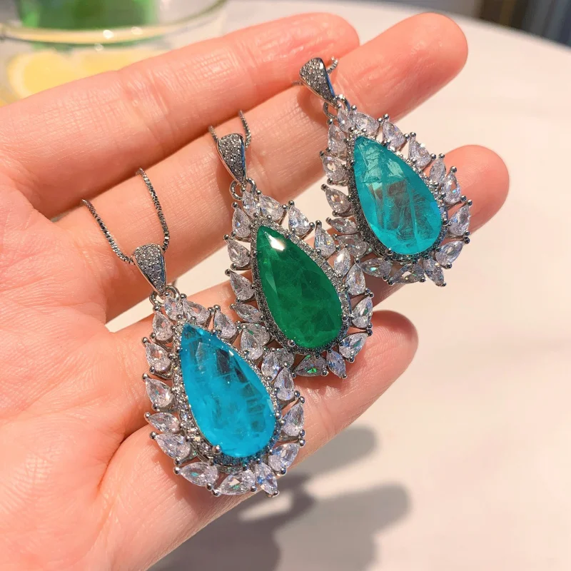 New hot-selling European and American style colorful gemstone large water drop pendant necklace and earring jewelry set for wome