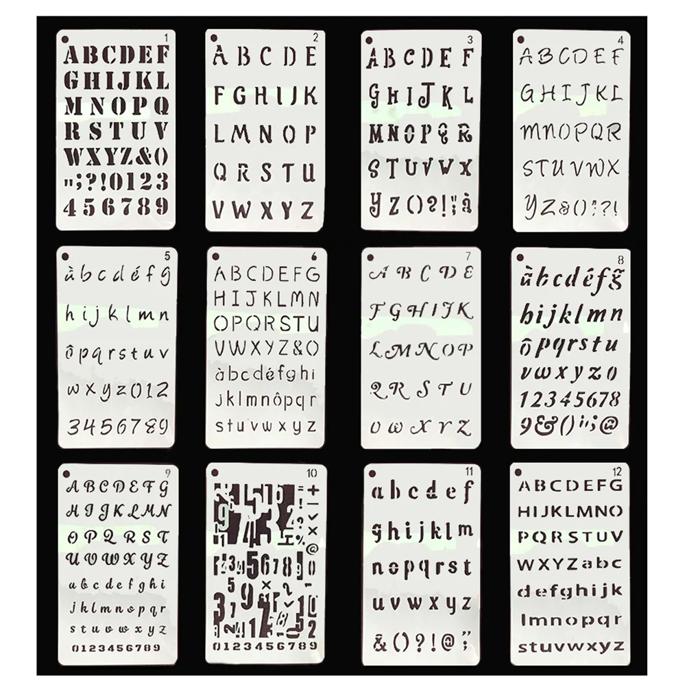 

12 Sheets Drawing Painting Stencils Letters and Numbers Hallow Painting Templates for Scrapbooking School Projects