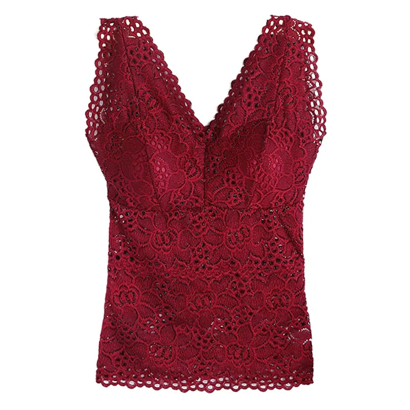 Fashion Ladies Lace Flower Vest With Chest Pad Long V-Neck Sleeveless Solid Color Tank Tops