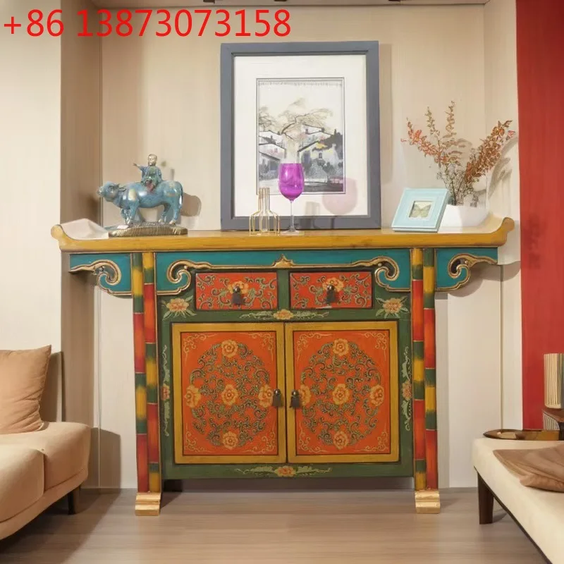 

Xizang style painted simple warped head porch partition cabinet solid wood retro old hand painted storage Xizang style dining si
