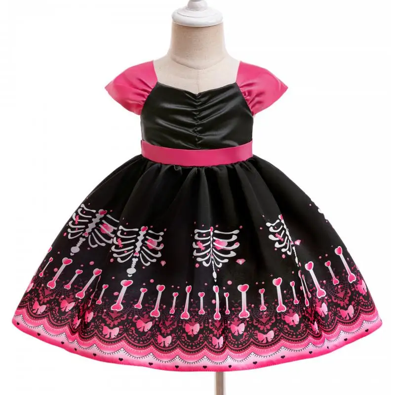 New Witch Skull Print Color Blocked Fashion Princess Dress for Girls Halloween Holiday Party Cosplay Fashion Cute Dress