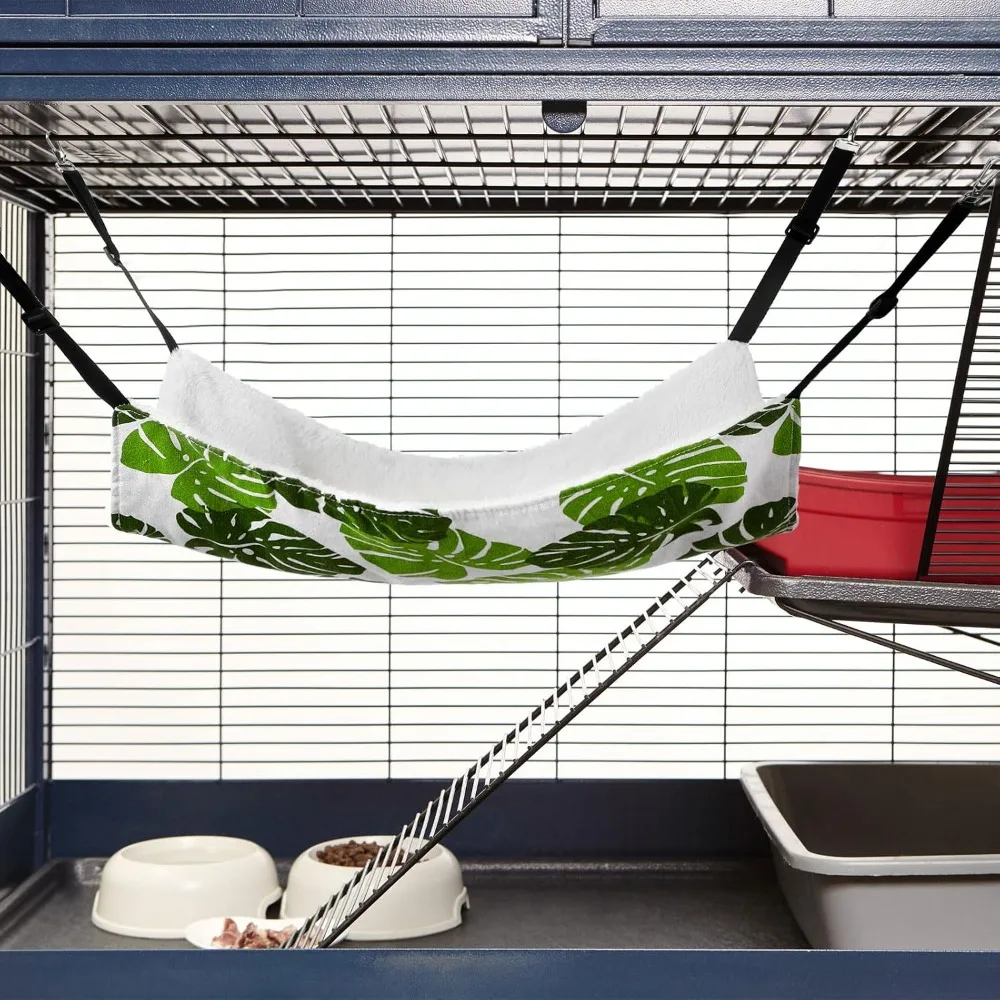 2 Pack Cat Hammock for Cage, Reversible Soft Bed with Adjustable Straps, Double-Sided Linen and Fleece, Monstera Leaf view 5
