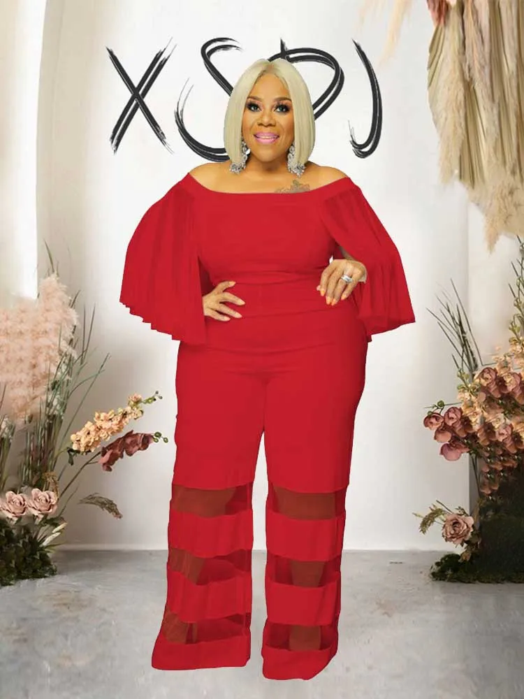 women full length jumpsuit with batwing sleeve evening off the shoulder jumpsuits hollow out mesh one piece plus size jumpsuit