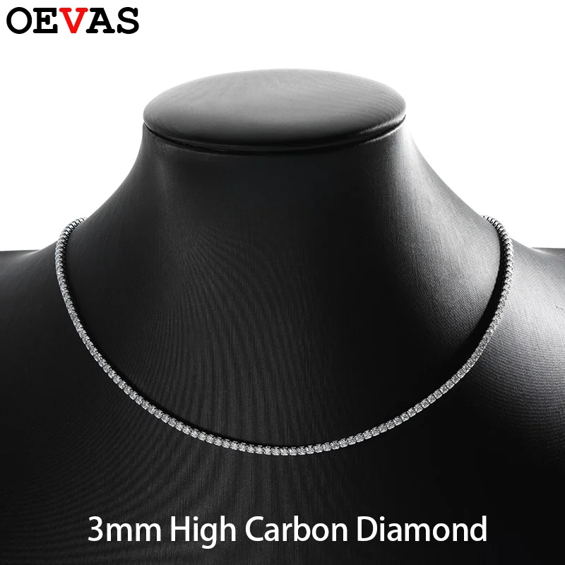 

OEVAS 100% 925 Sterling Silver 3mm Full High Carbon Diamond Chains Necklace For Women Sparkling Wedding Party Fine Jewelry Gift