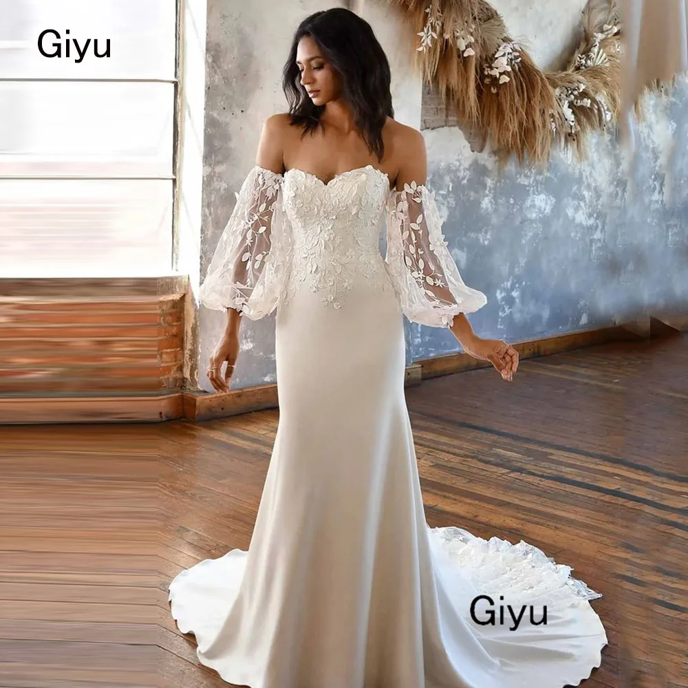 Giyu Elegant Lace Followers Wedding Dress For Woman Mermaid Trumpet Detachable Shoulders Floor-length Vestidos Novias Boda