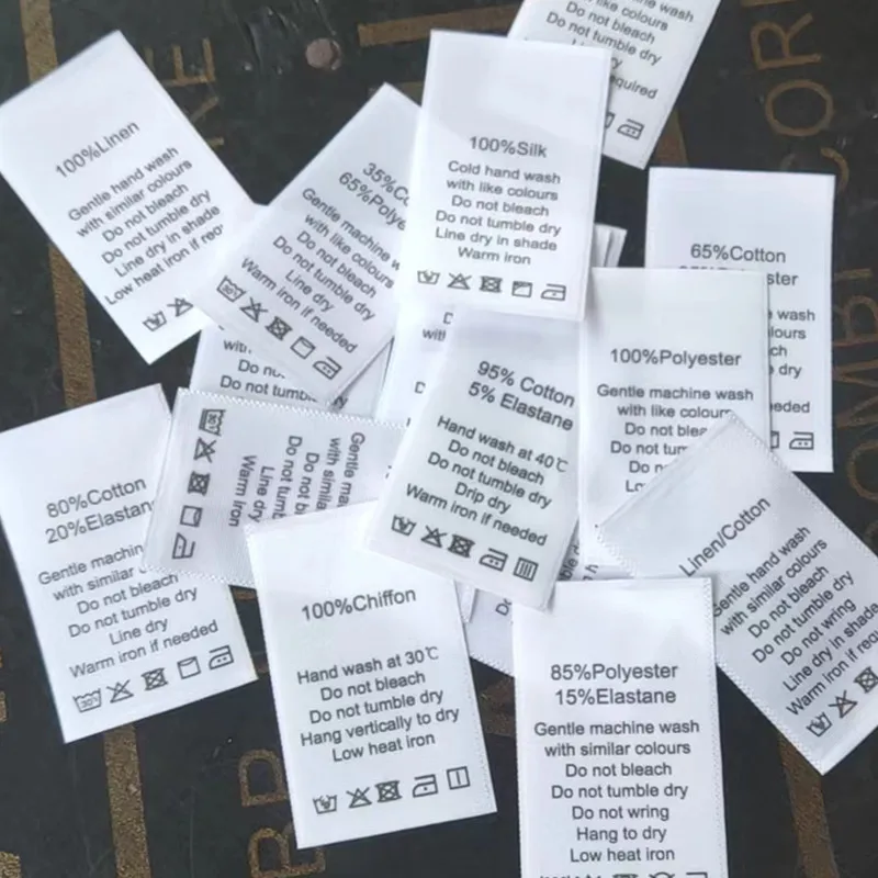 50 Uds. Etiquetas de cuidado de algodón/elastano estampado seda/Cashmere/lana/lino/poliéster/gasa etiqueta de tela satinada blanca
