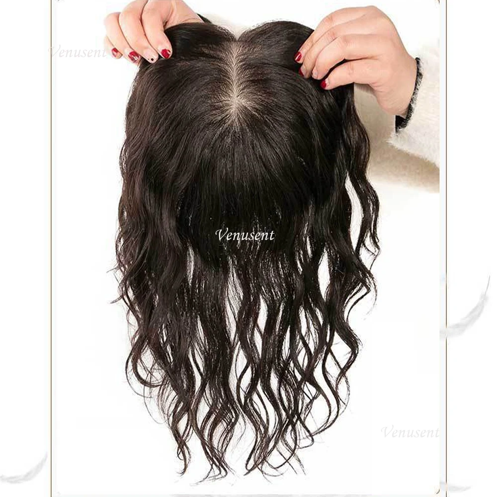 20 "16x18 سنتيمتر موجة الحرير الطبيعي قاعدة توبر الشعر البشري اليد تعادل تنفس الحرير العلوي الشعر المستعار المرأة غطاء شعر ريمي مع مقاطع في