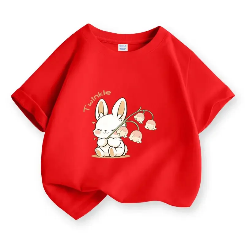 Kids Short Sleeve T Shirt Twinkle Letter Cute White Bunny Holding Lily of the Valley Flower Print O-Neck Tee Sweet Cartoon Top
