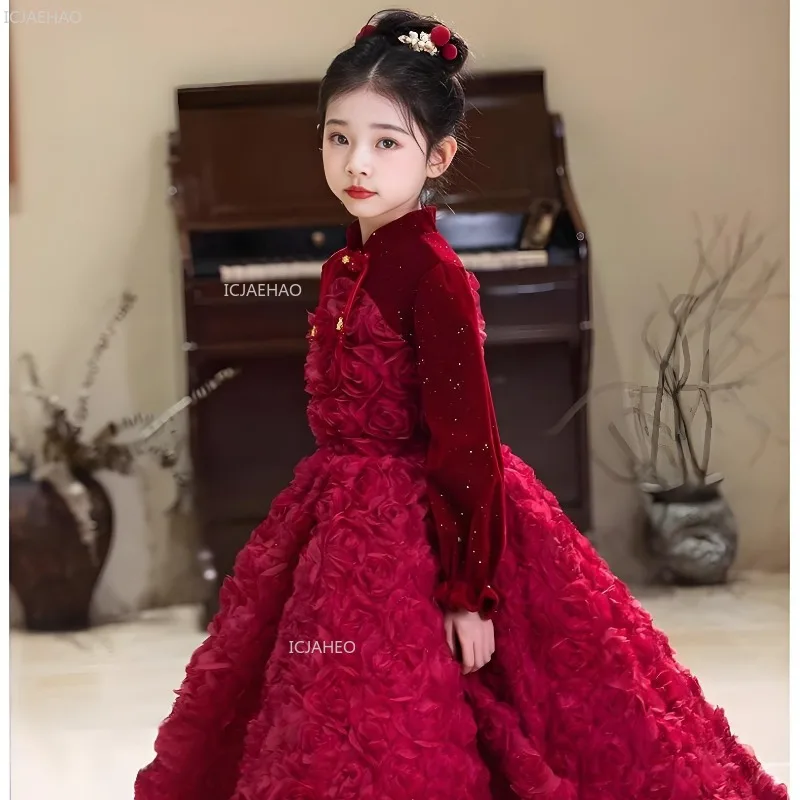 Festive Dress For Girl Kids Burgundy Long Sleeve Vintage Party Wedding Evening Formal Wear Floral Princess Gown Birthday Pageant