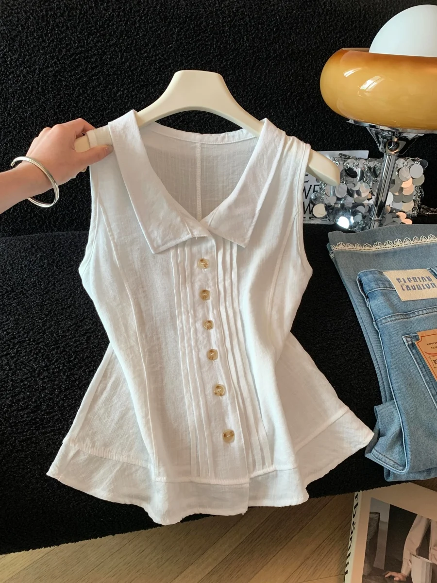 

Milk White Pleated Summer New Style Women's Slim Fit Thin Single Button Sleeveless Shirt Stand Collar Elegant Feel Top