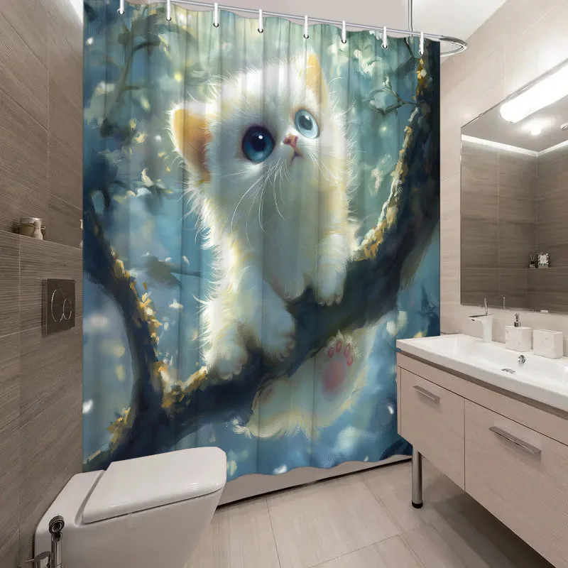 1pc Fluffy White Kitten Shower Curtain - Branch, Blue Eyes, Dreamy Forest, 70.8x70.8