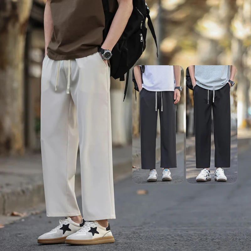 

Мужские брюки из ледяного шелка на весну-лето, свободного кроя, прямые, драпированные, широкие, укороченные, повседневные, черные, модные, в уличном стиле