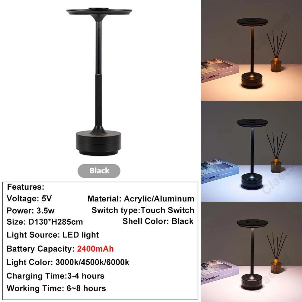 GGbingo Oplaadbare Draadloze Tafellamp LED Touch Sensor Bureau Nachtlampje Leeslamp voor Hotel Bar Slaapkamer Decoratieverlichting